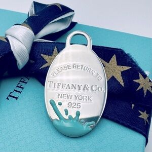 Tiffany & Co. Large Oval Blue Enamel Splash Tag Charm with POUCH